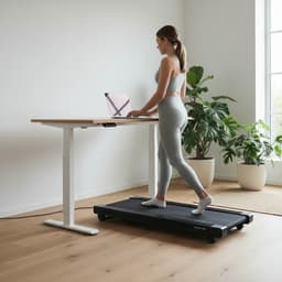 Жена ходи на walking pad под бюро за стоене у дома