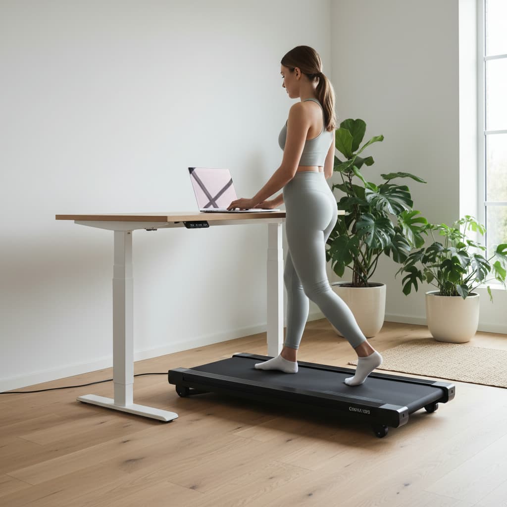 Жена работи права на лаптоп, докато ходи на walking pad под бюро за стоене