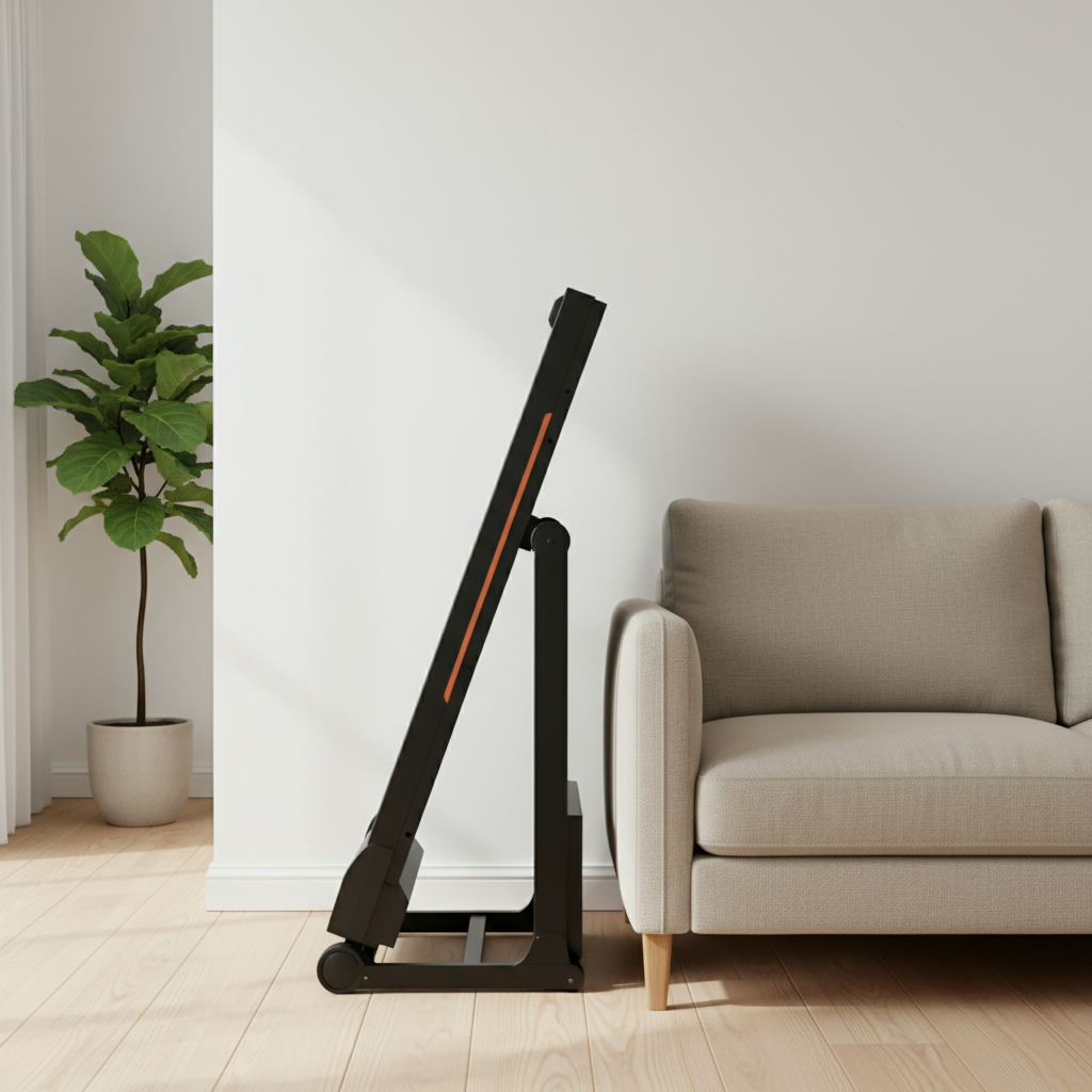 Сгъната walking pad бягаща пътека, прибрана вертикално до диван